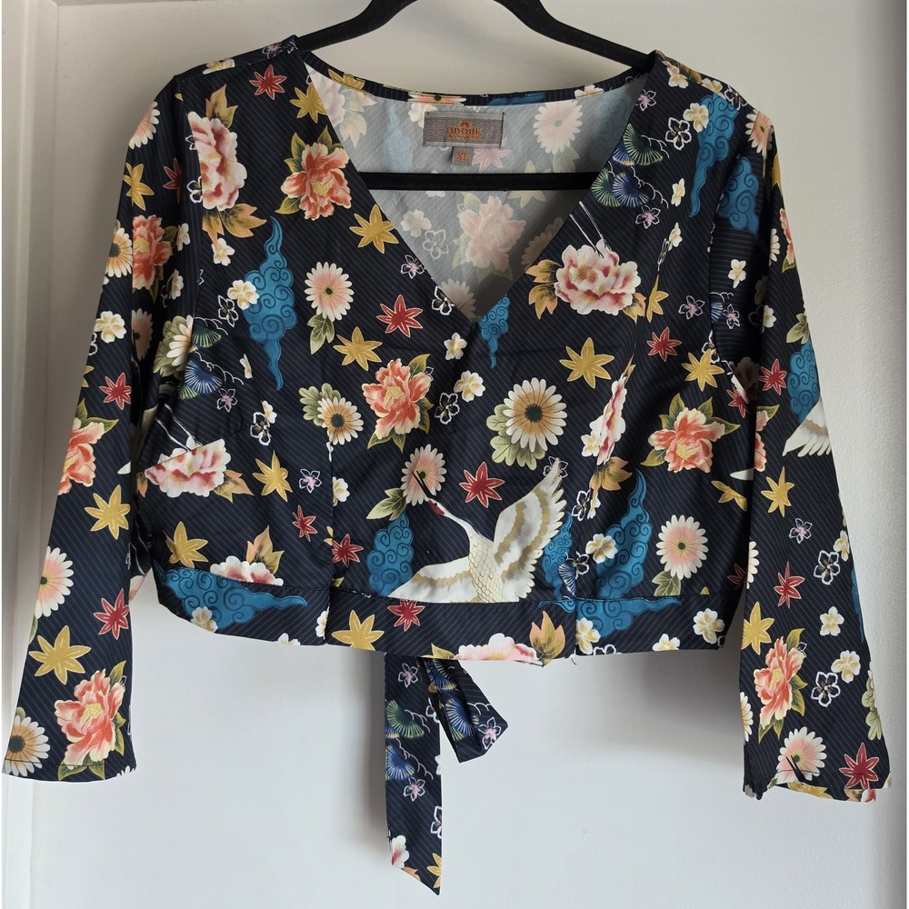 Anouk Blouse XL Black Floral Long Sleeve V-Neck Boho Top Shirt Women
